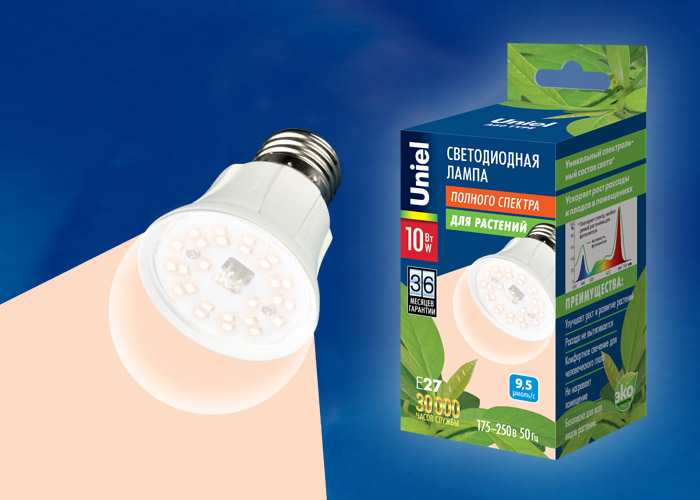 Лампа для растений Uniel LED-A60-10W/SPFR/E27/CL PLP01WH
